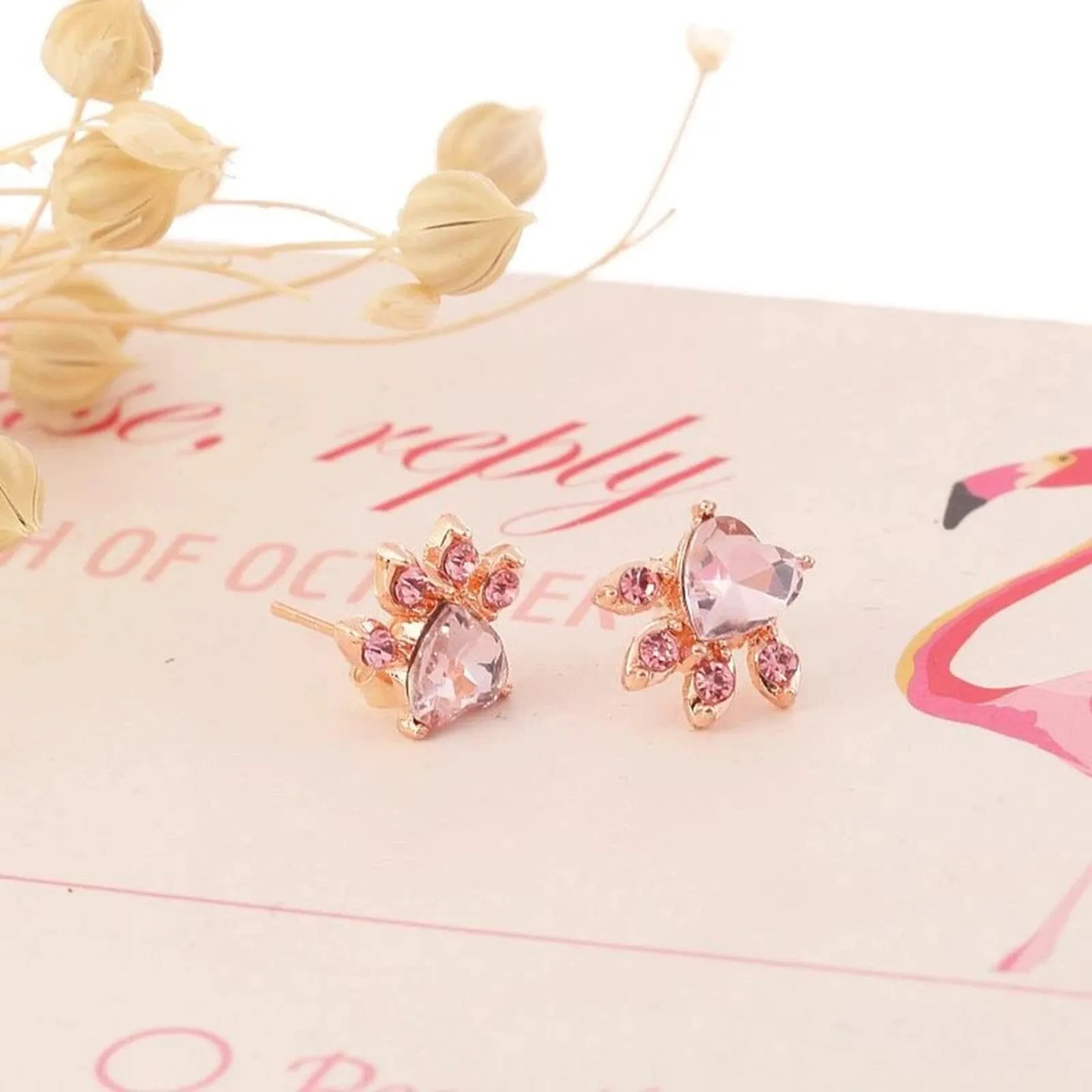 Paw Pink Rose Quartz Stud Earrings - 925 sterling