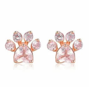 Paw Pink Rose Quartz Stud Earrings - 925 sterling