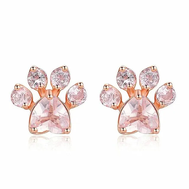 Paw Pink Rose Quartz Stud Earrings - 925 sterling