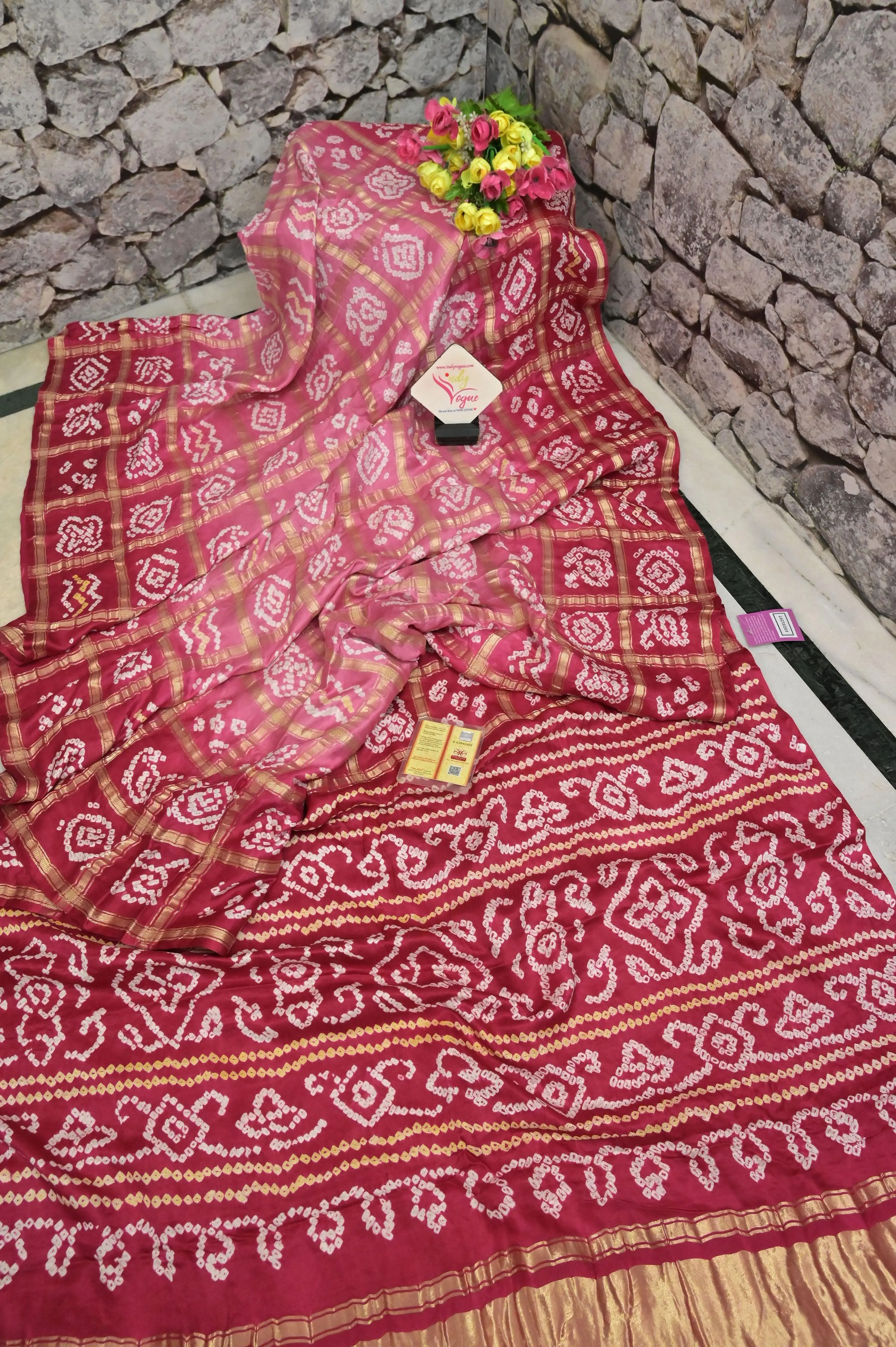 Pink and Dark Crimson Color Pure Ghazi Silk Gharchola Saree with Hand Bandhani and Zari Checks