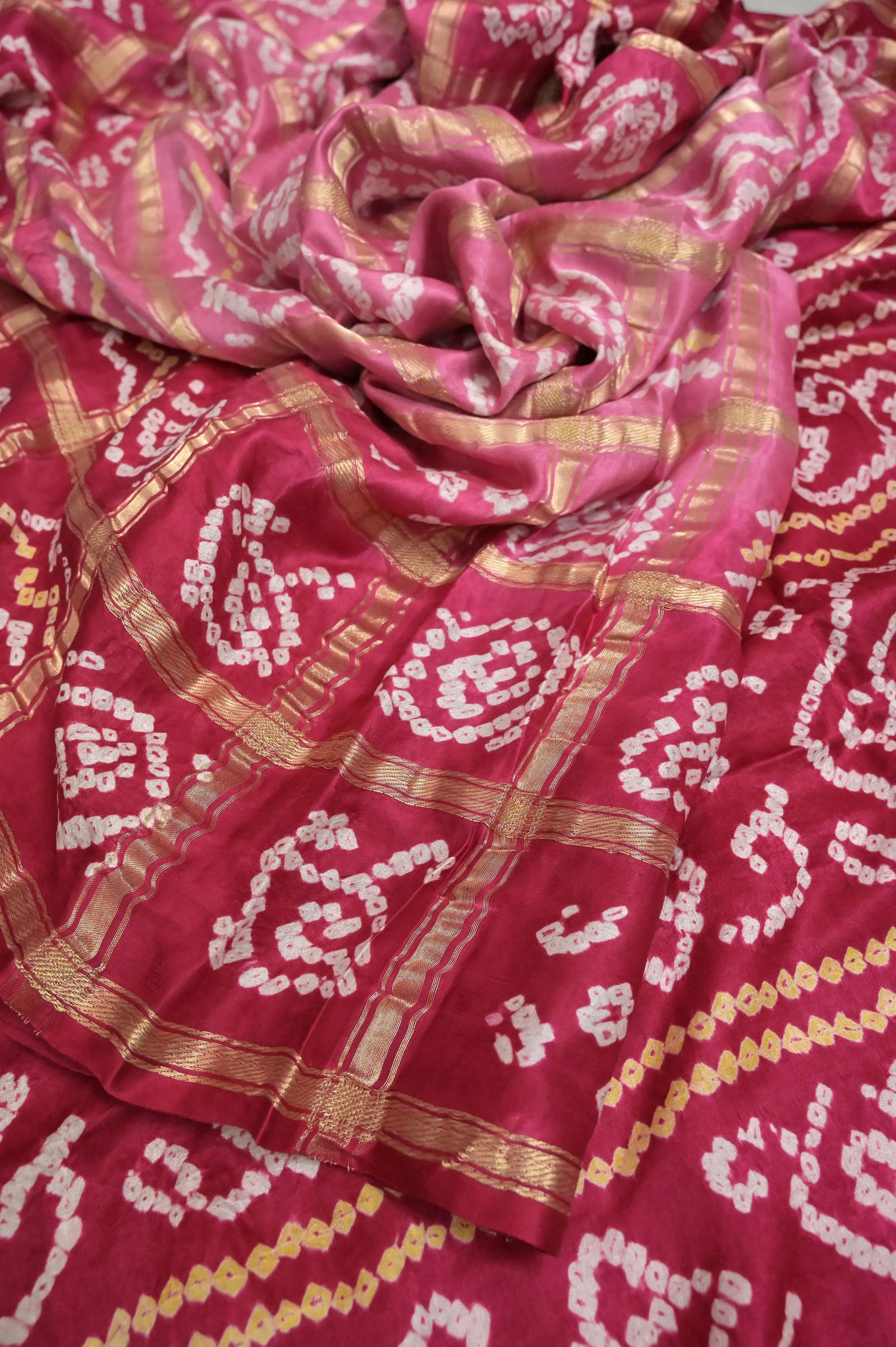 Pink and Dark Crimson Color Pure Ghazi Silk Gharchola Saree with Hand Bandhani and Zari Checks