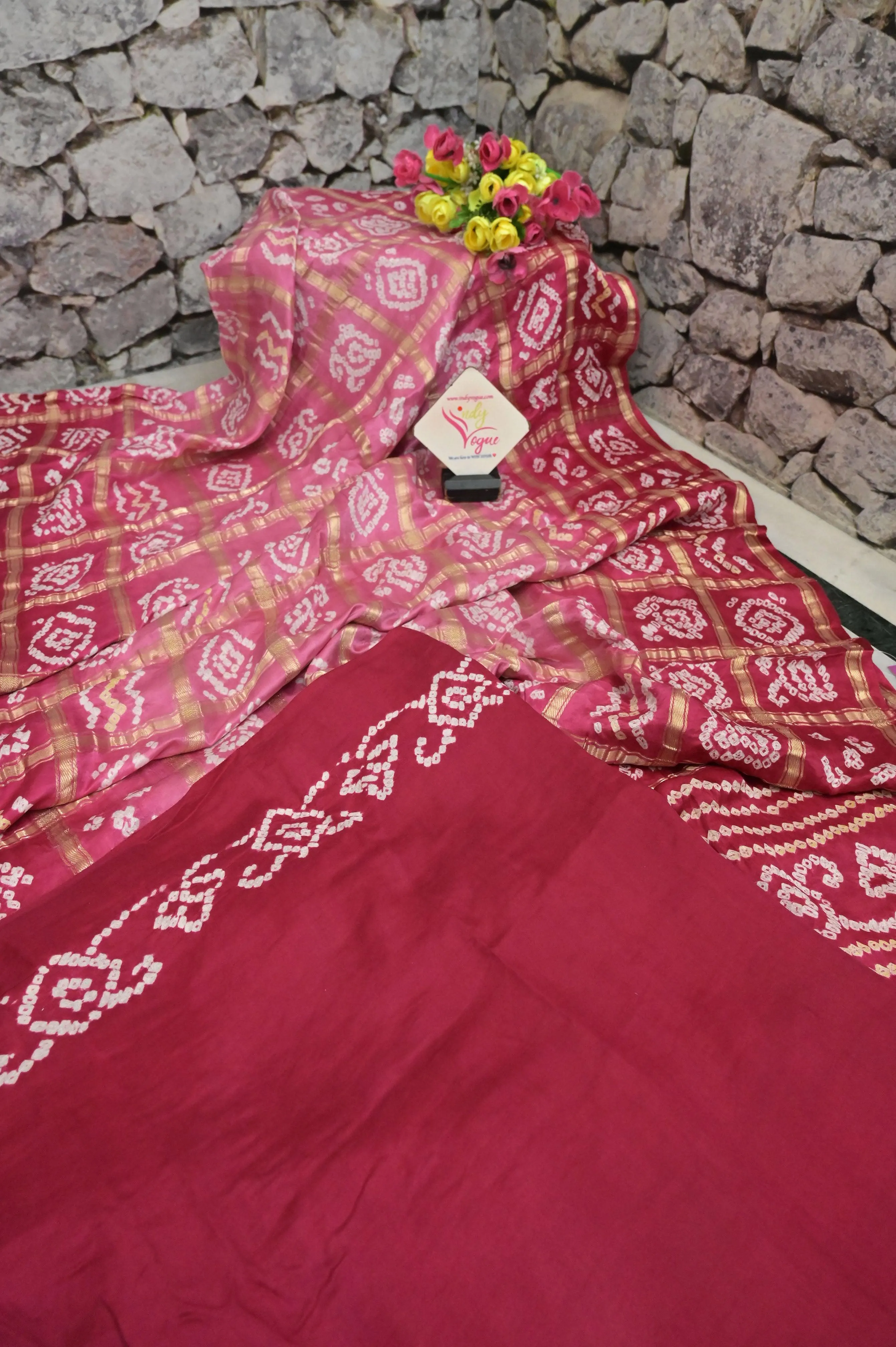 Pink and Dark Crimson Color Pure Ghazi Silk Gharchola Saree with Hand Bandhani and Zari Checks