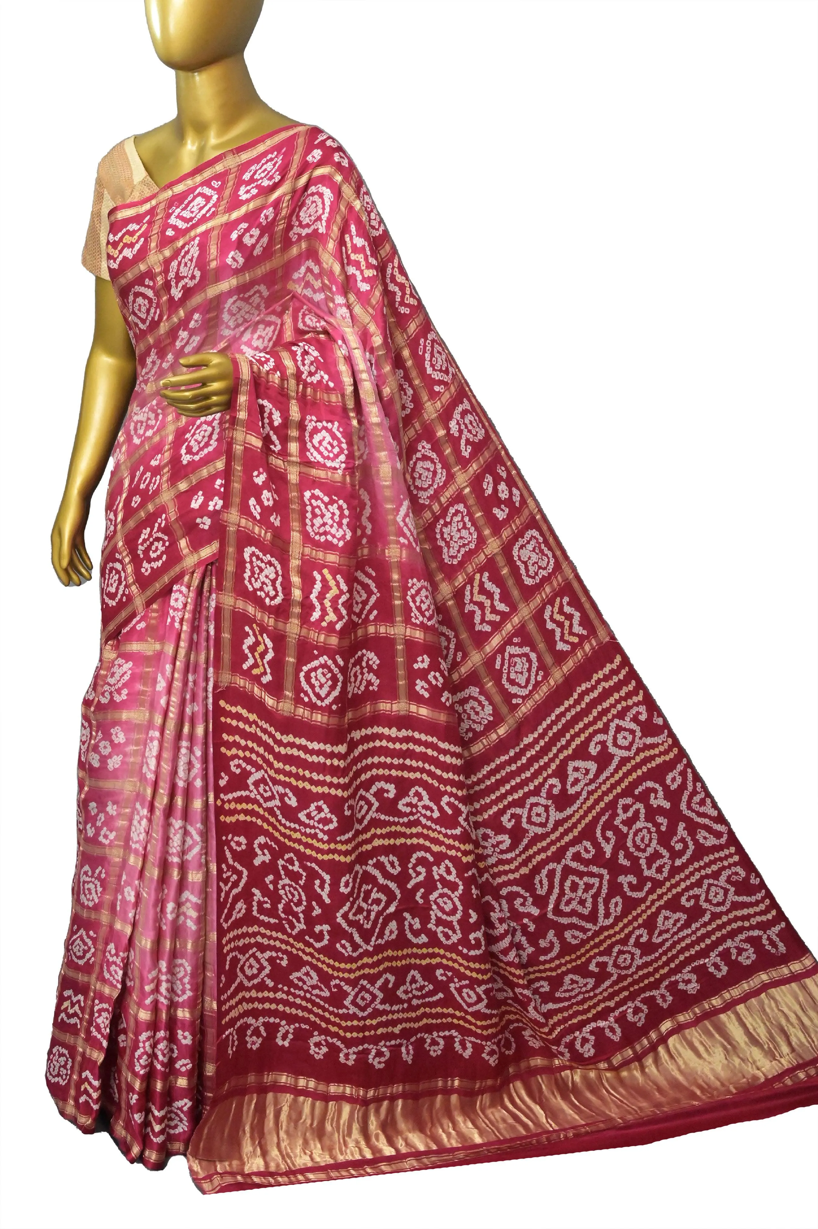 Pink and Dark Crimson Color Pure Ghazi Silk Gharchola Saree with Hand Bandhani and Zari Checks