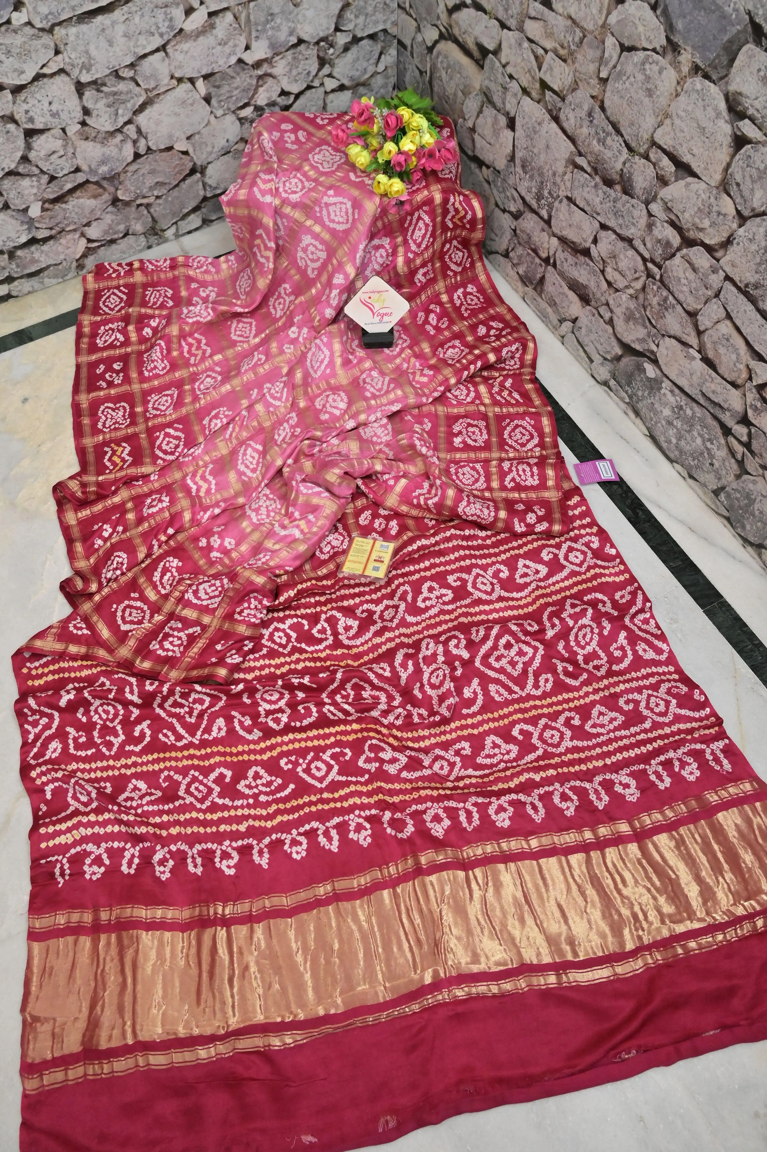 Pink and Dark Crimson Color Pure Ghazi Silk Gharchola Saree with Hand Bandhani and Zari Checks