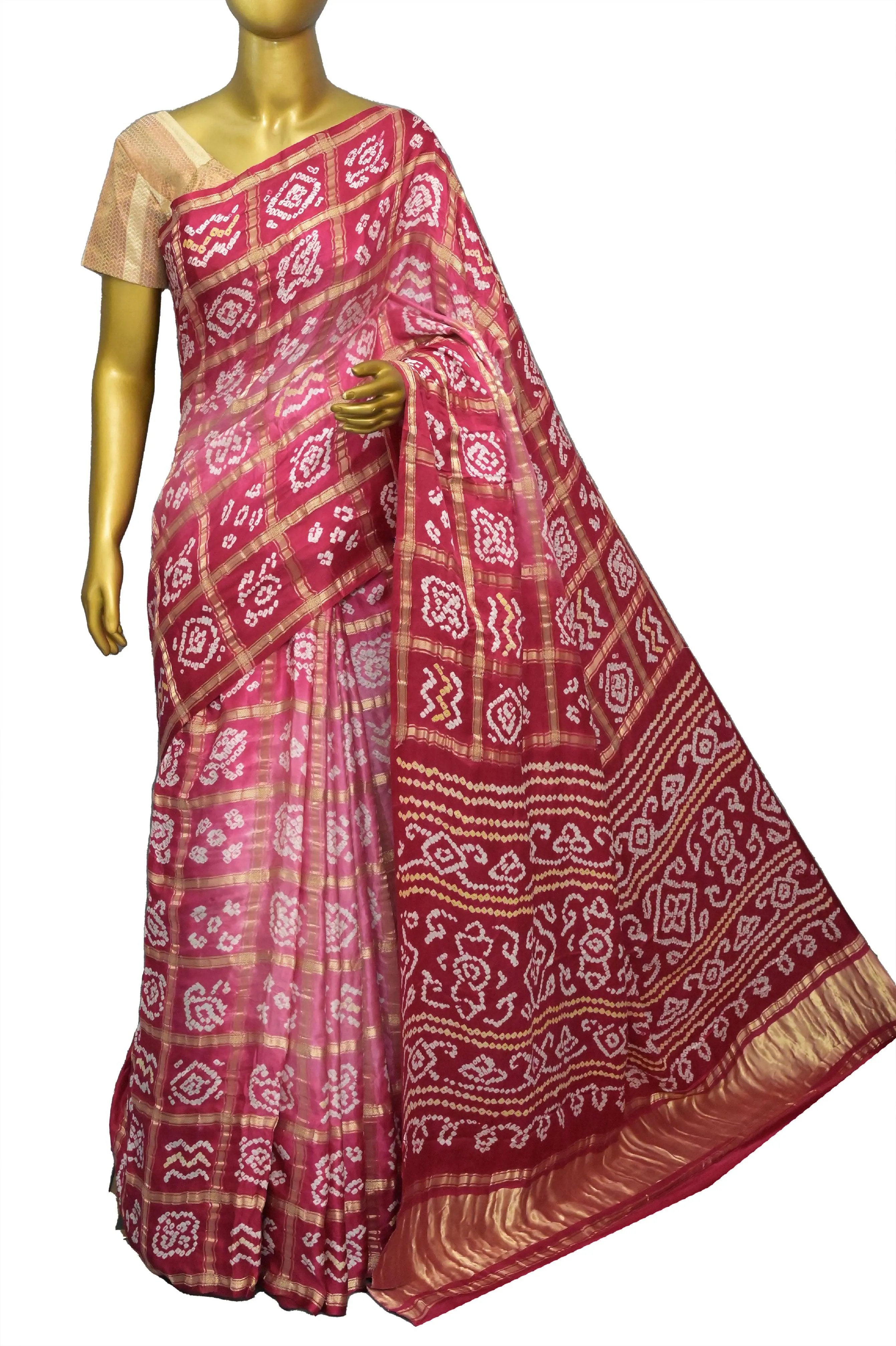 Pink and Dark Crimson Color Pure Ghazi Silk Gharchola Saree with Hand Bandhani and Zari Checks