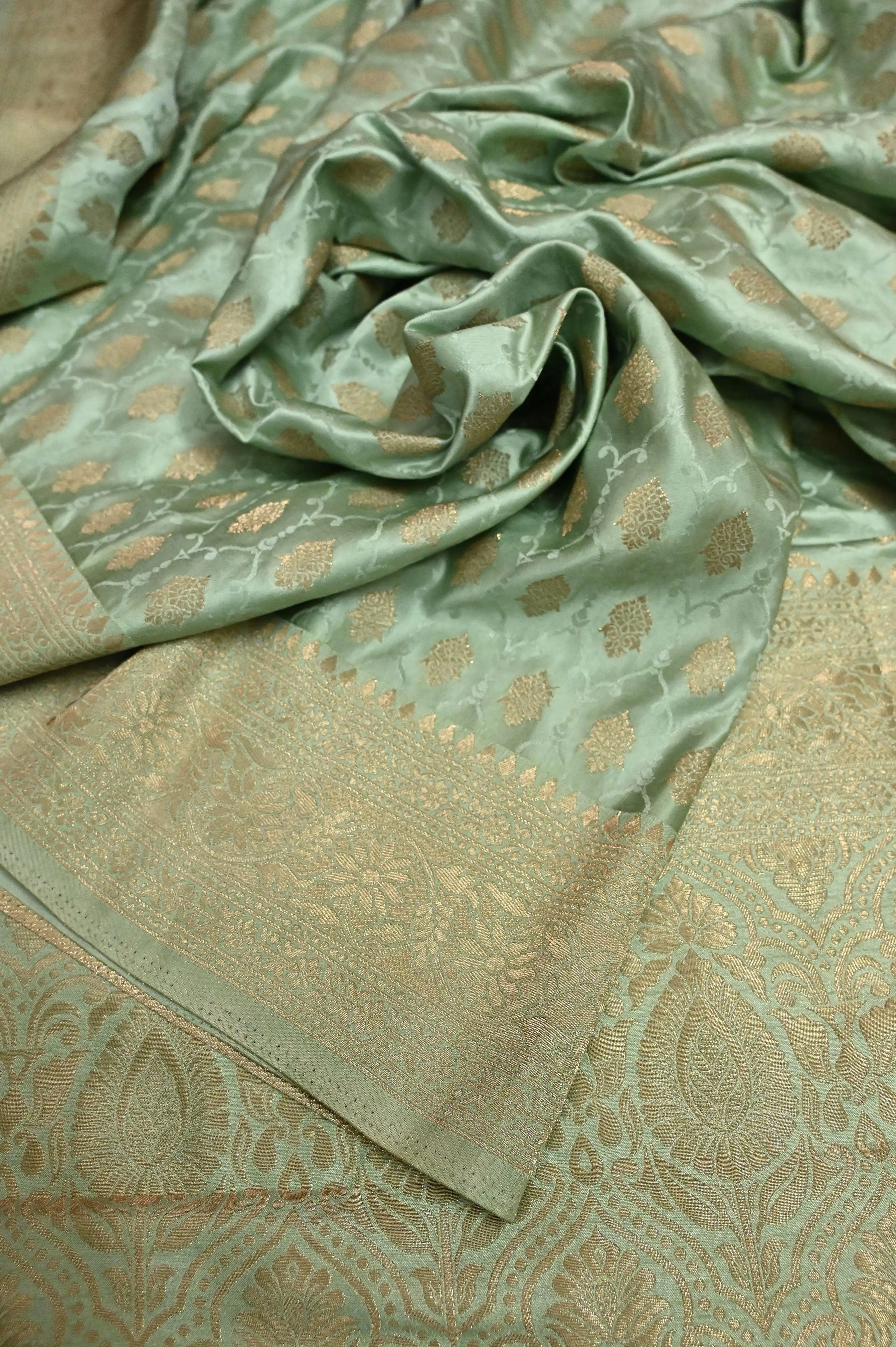 Pista Green Color Mashru Banarasi Saree with Allover Buti Work