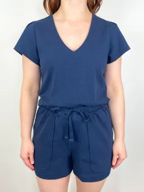 Pleated Cap Sleeve V-Neck in Navy