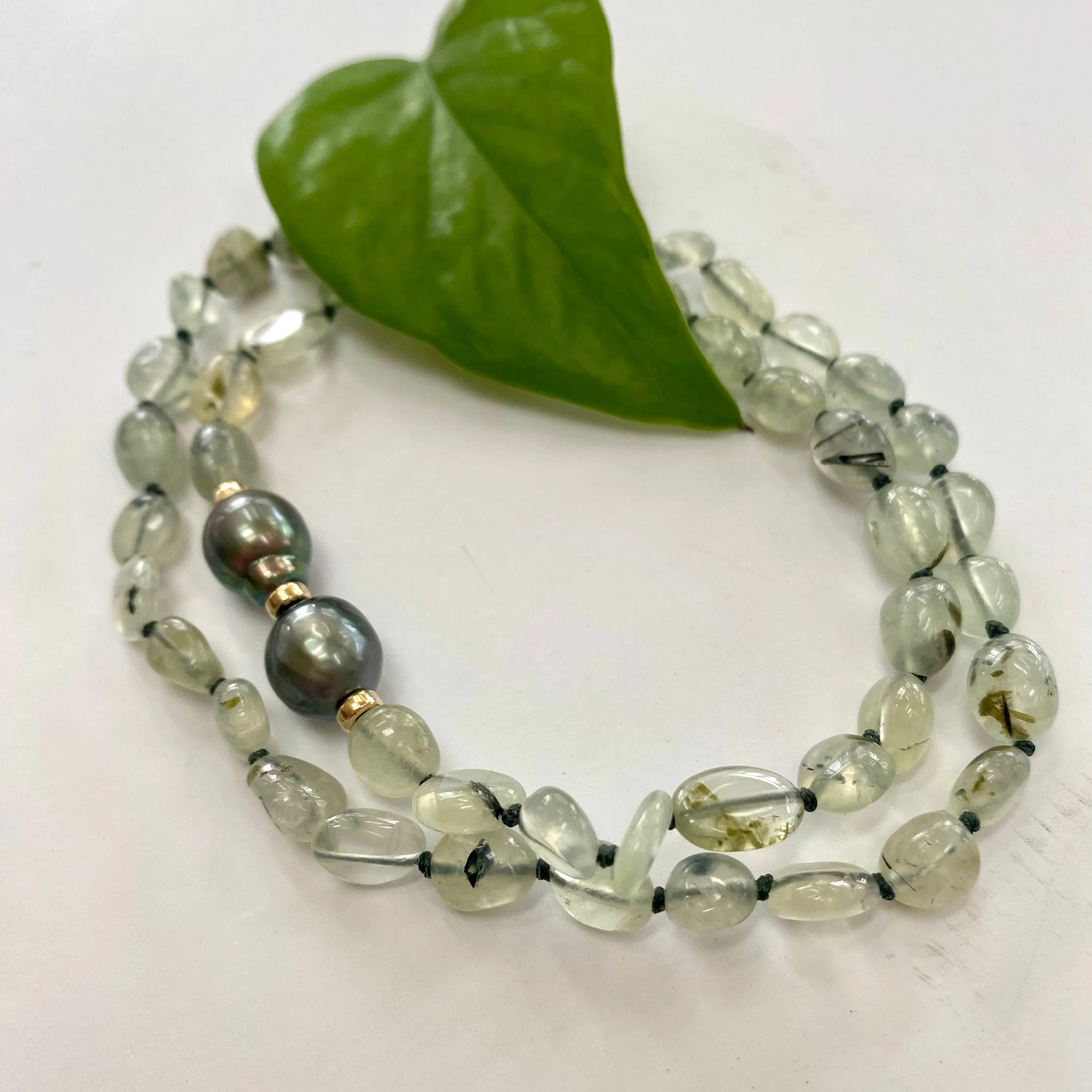 Soft Green Prehnite Beads and Tahitian Baroque Pearl Candy Necklace, Gold Filled, 19inches