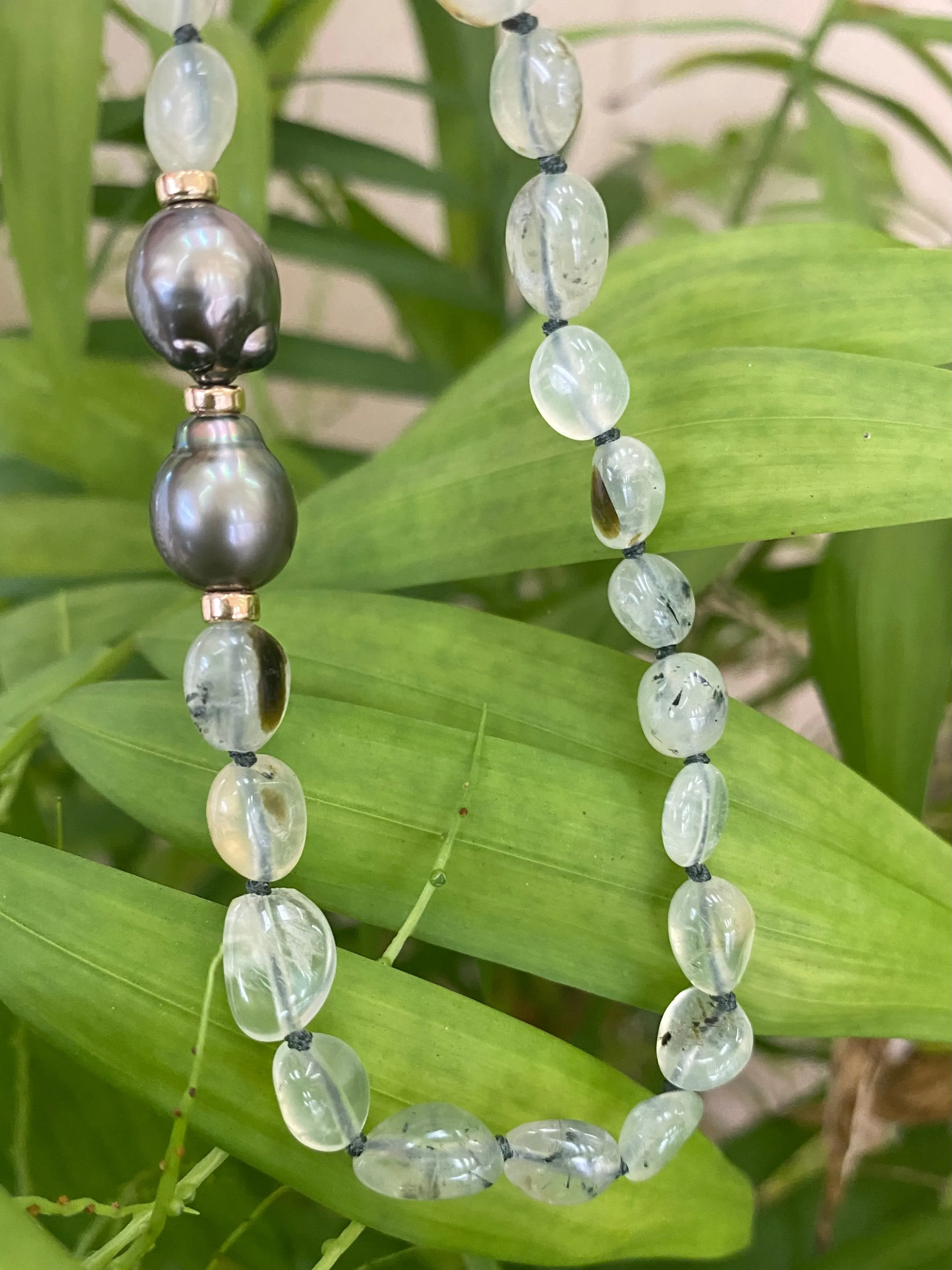 Soft Green Prehnite Beads and Tahitian Baroque Pearl Candy Necklace, Gold Filled, 19inches