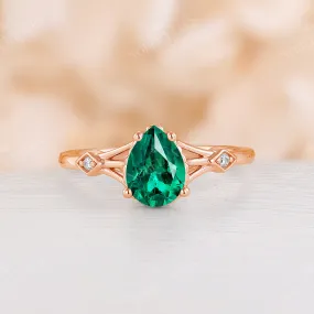 Split Band Lab Emerald Engagement Ring Pear Cut Rose Gold