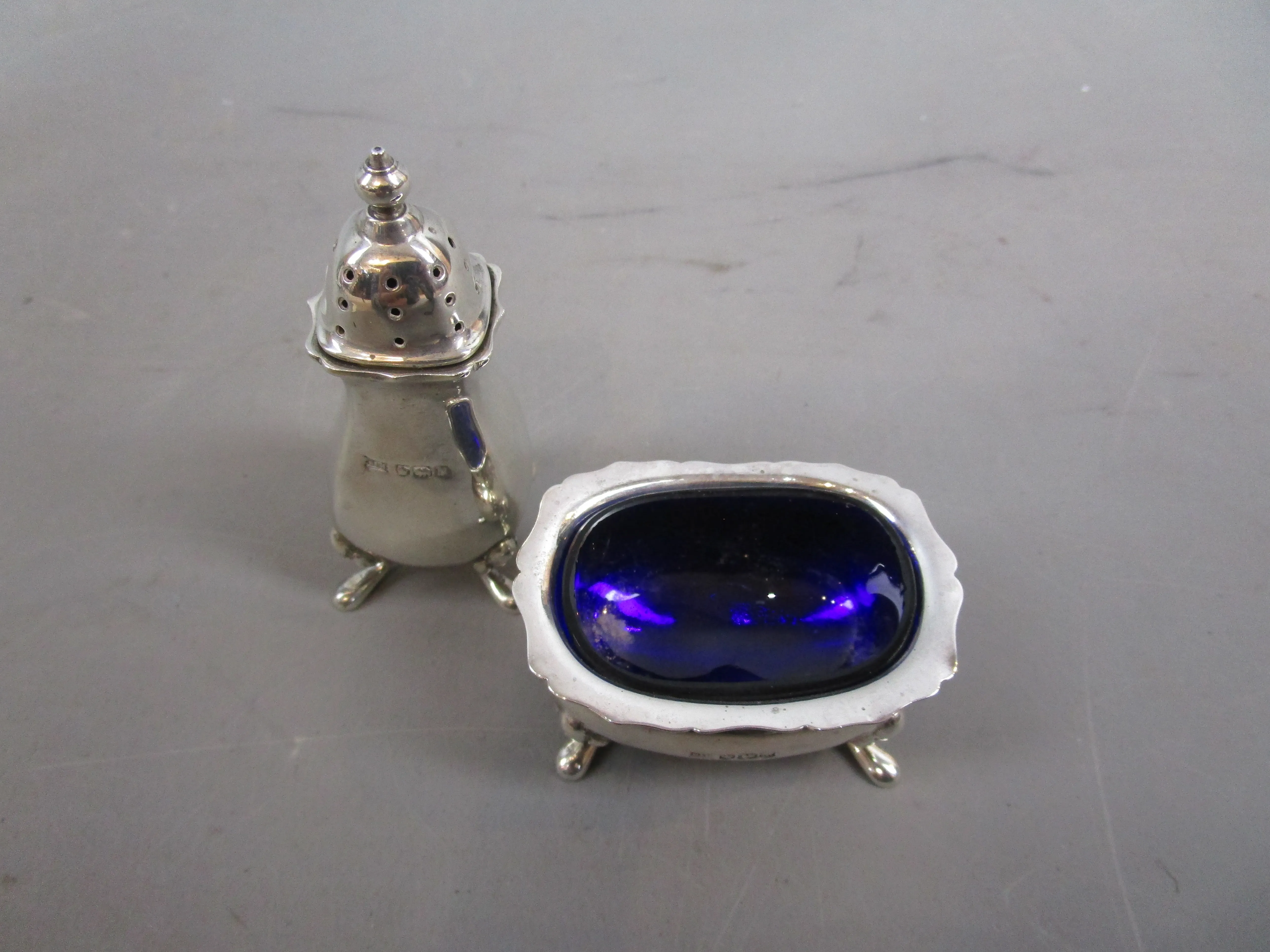 Sterling Silver Salt Cellar And Pepperette Vintage Mid Century Sheffield 1954