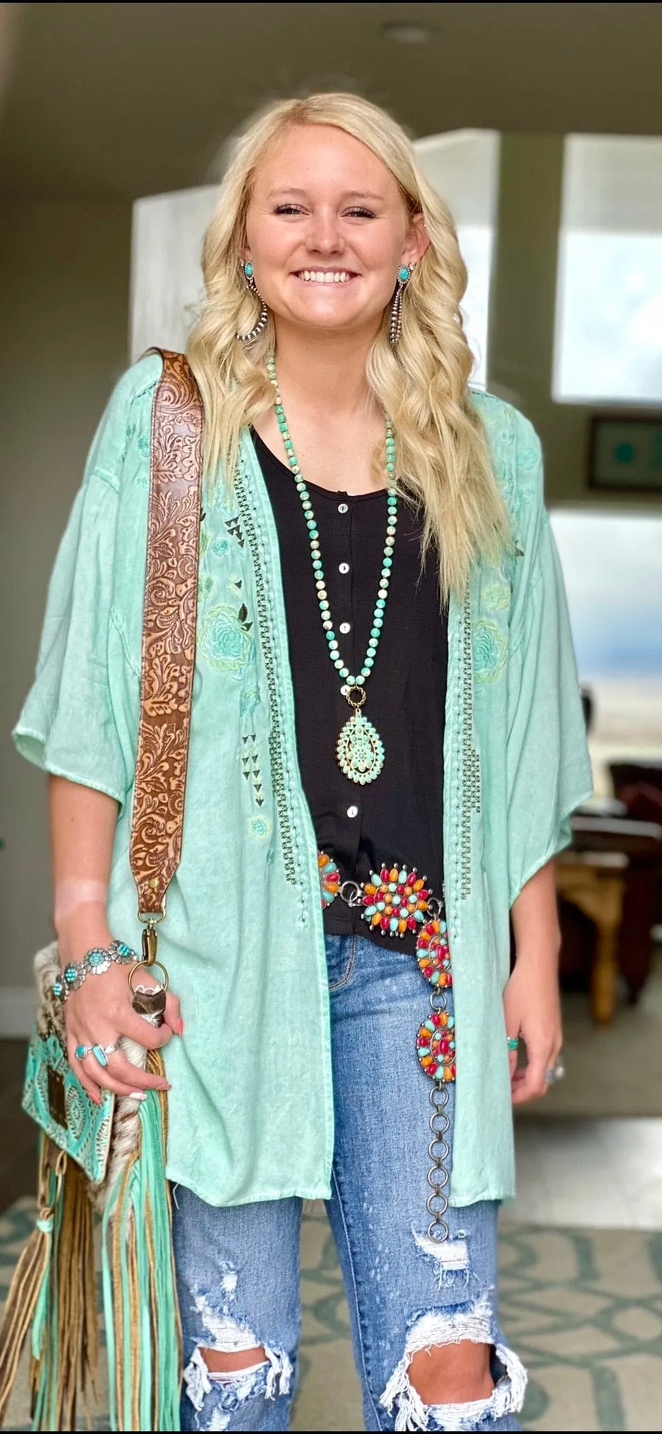 The Macy Mint Embroidered Kimono