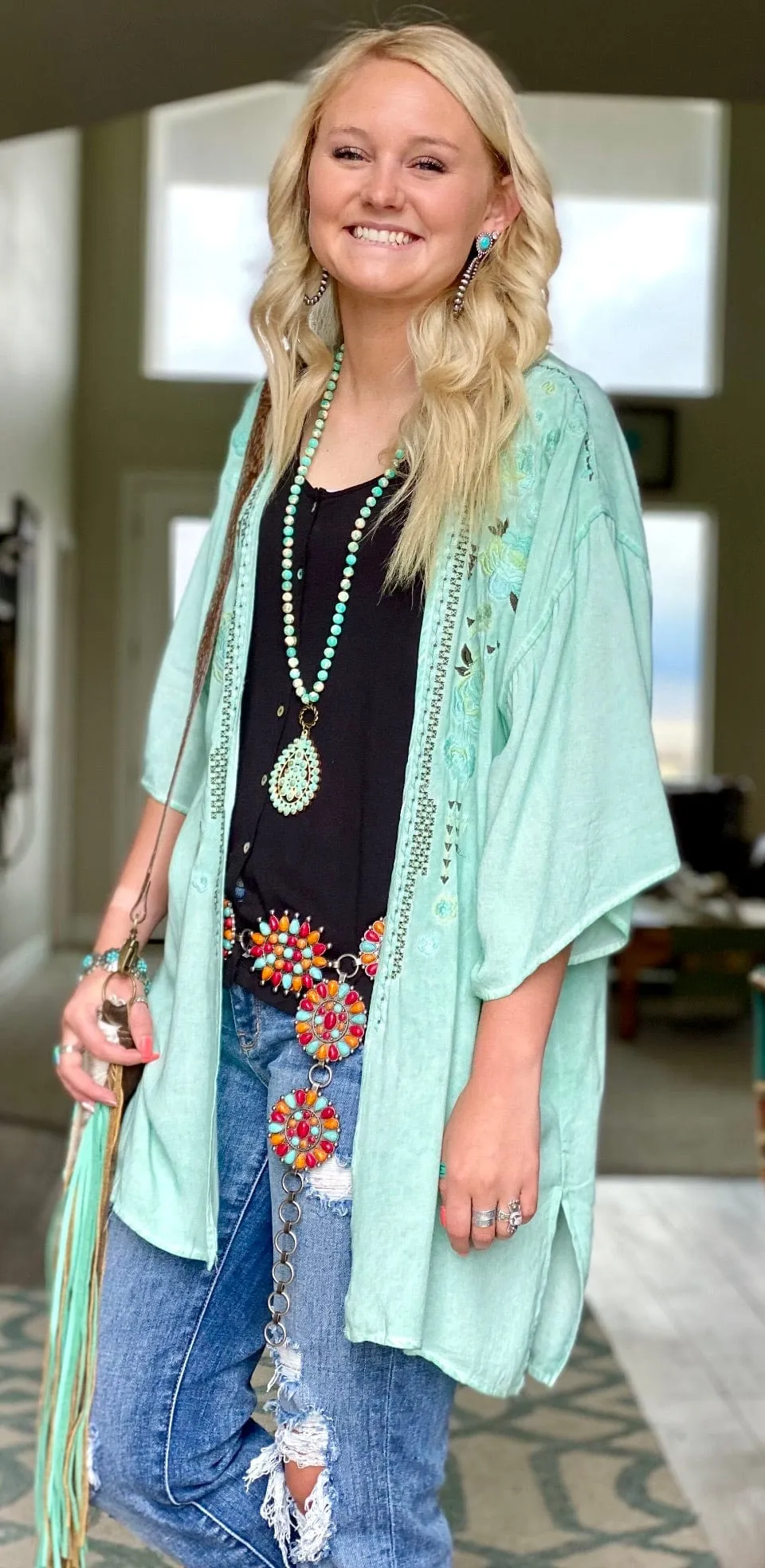 The Macy Mint Embroidered Kimono