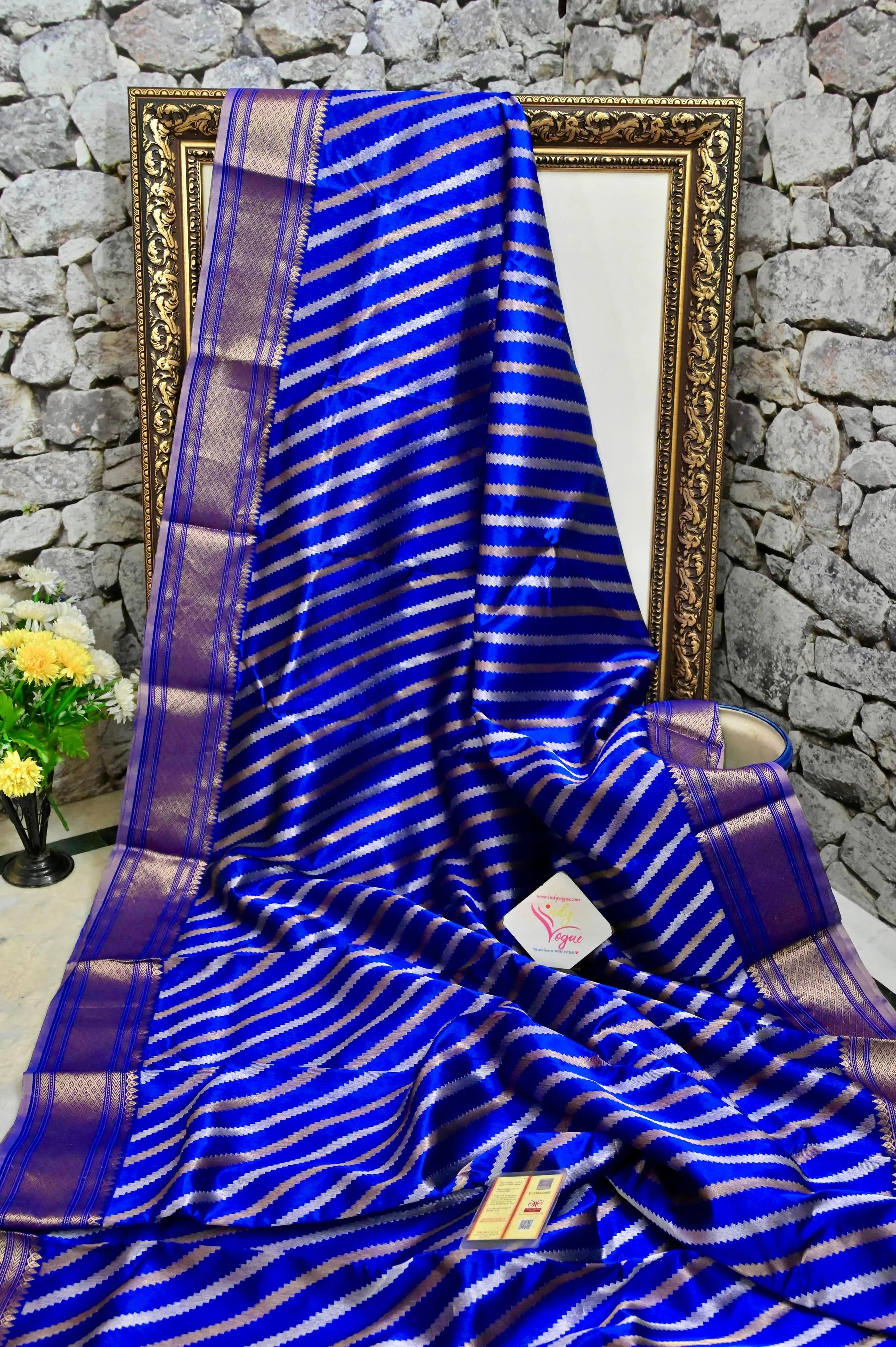 Ultramarine Blue Color Chanderi Banarasi with Golden and Silver Leheriya Style Zari Work