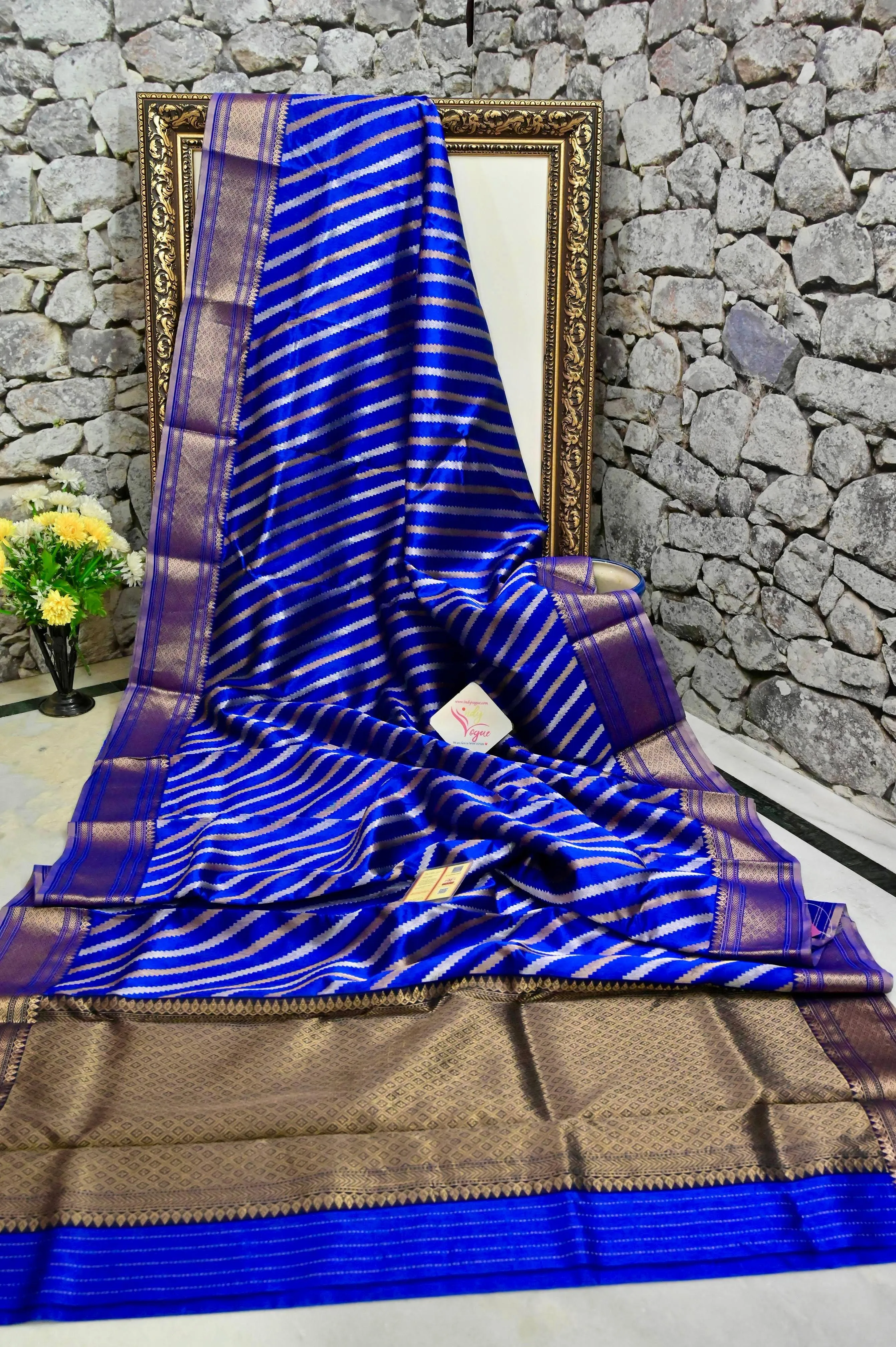 Ultramarine Blue Color Chanderi Banarasi with Golden and Silver Leheriya Style Zari Work