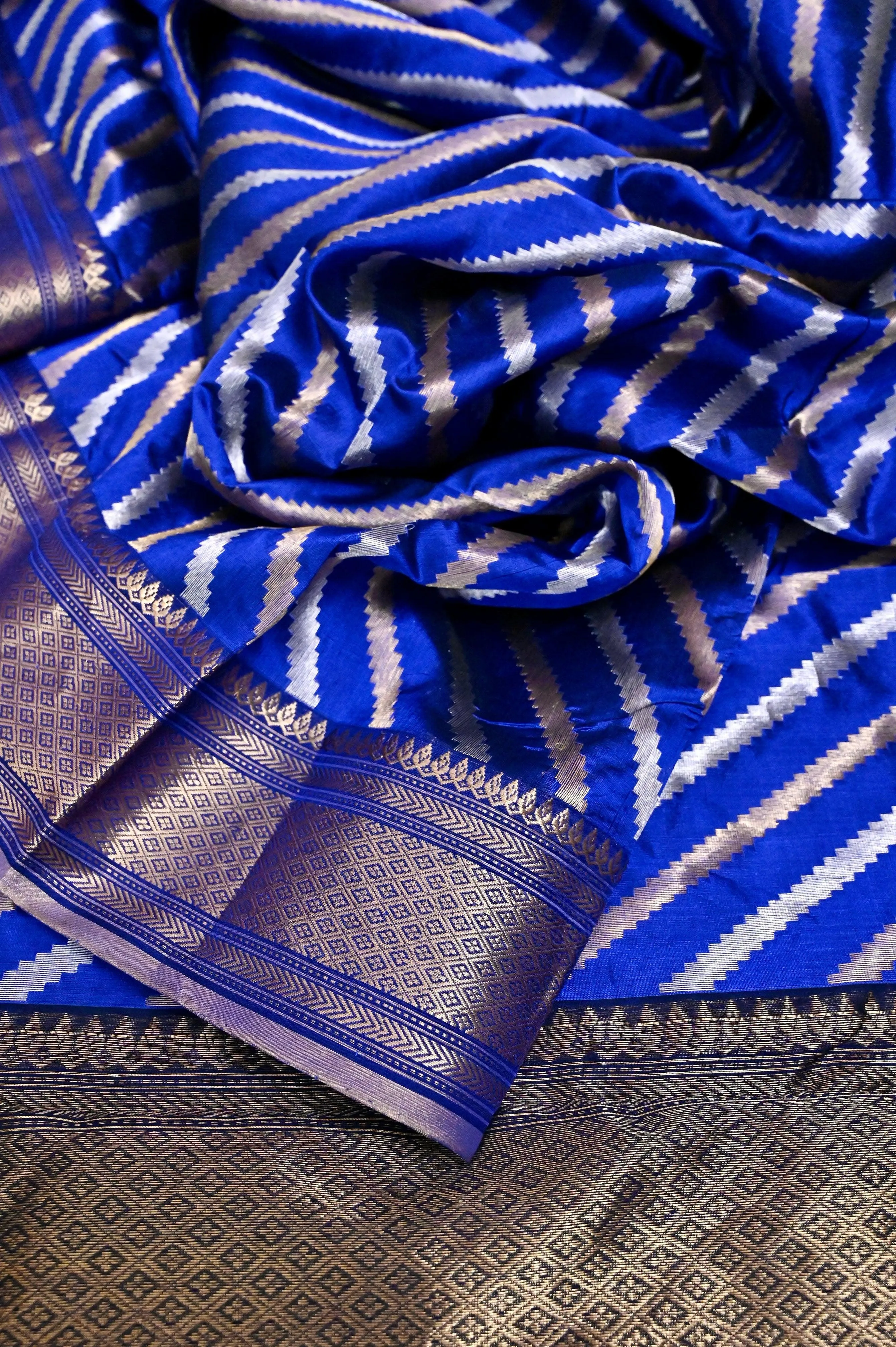 Ultramarine Blue Color Chanderi Banarasi with Golden and Silver Leheriya Style Zari Work