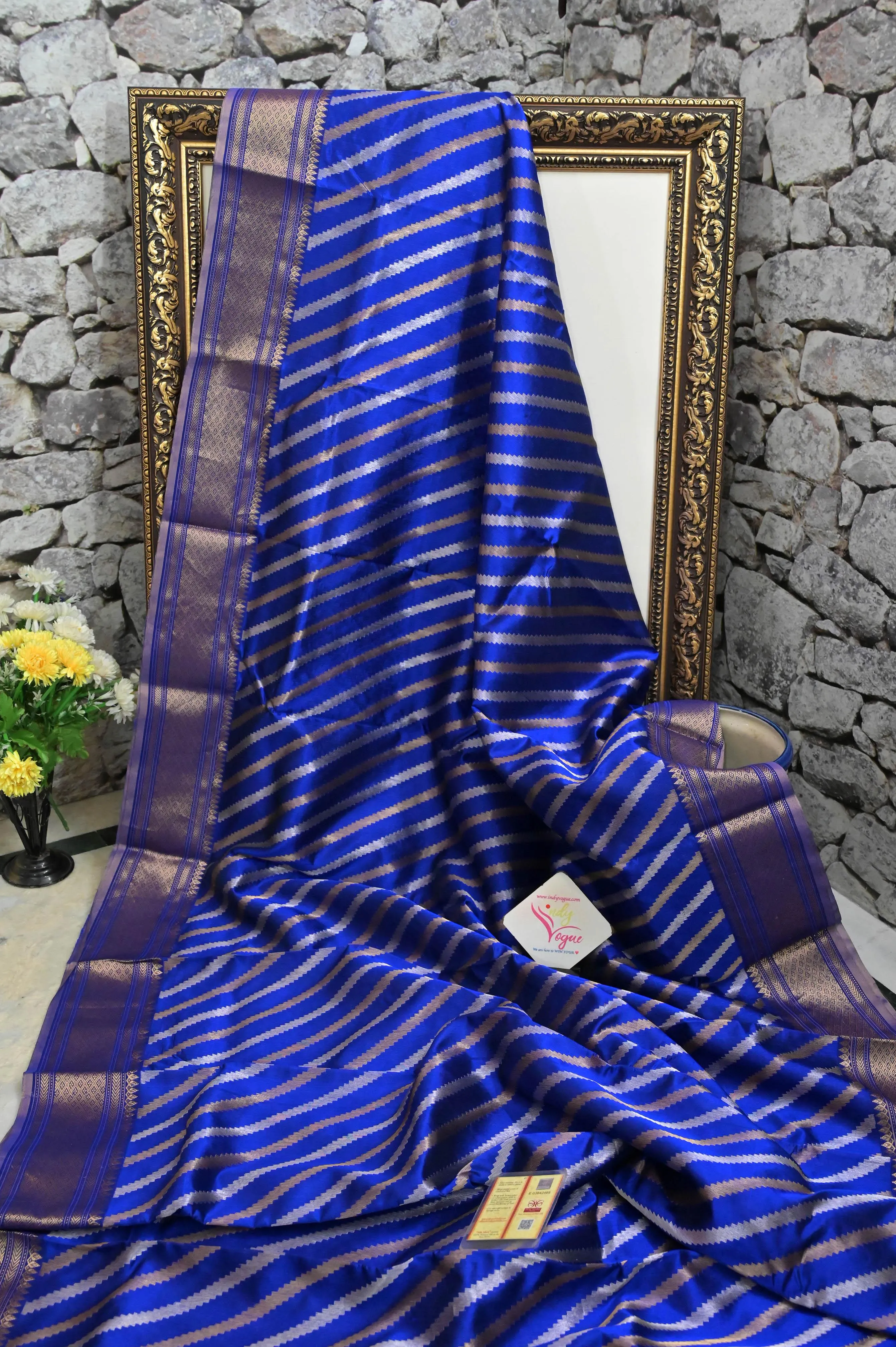 Ultramarine Blue Color Chanderi Banarasi with Golden and Silver Leheriya Style Zari Work