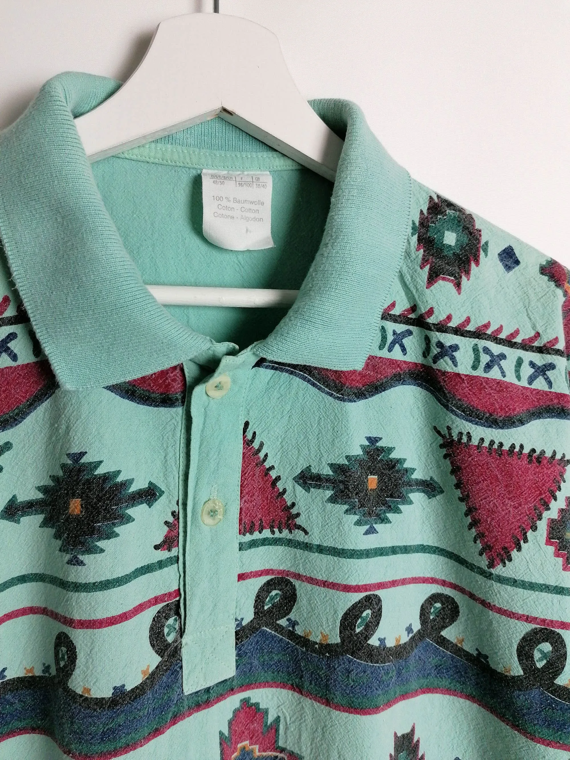 Vintage 80's Unisex Aztec Folk Retro Pattern Polo T-shirt - size S-M