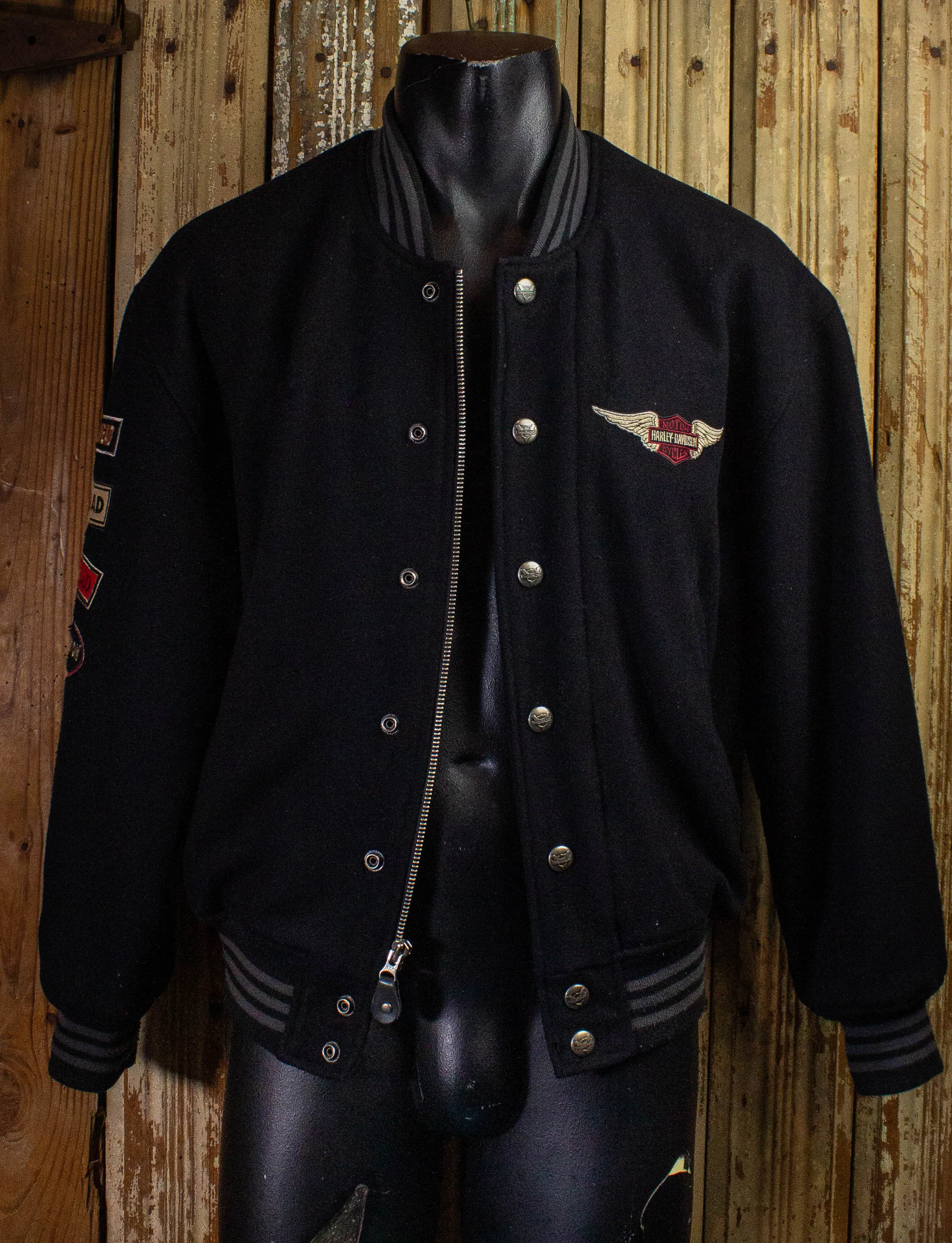 Vintage Harley Davidson Wool Bomber Jacket 90s Black XS