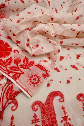 White and Red Color Pure Jamdani Saree